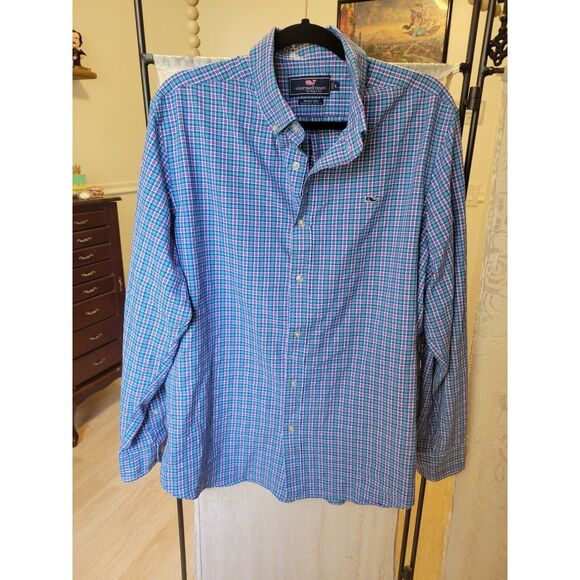 New men's sz xl vineyard vines whale shirt blue and pink plaid button down shirt - Picture 1 of 4